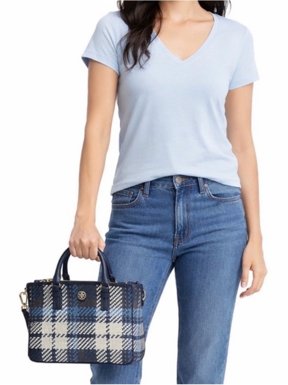 TORY BURCH Leather Robinson Satchel Crossbody Woven Plaid, Navy White Black
